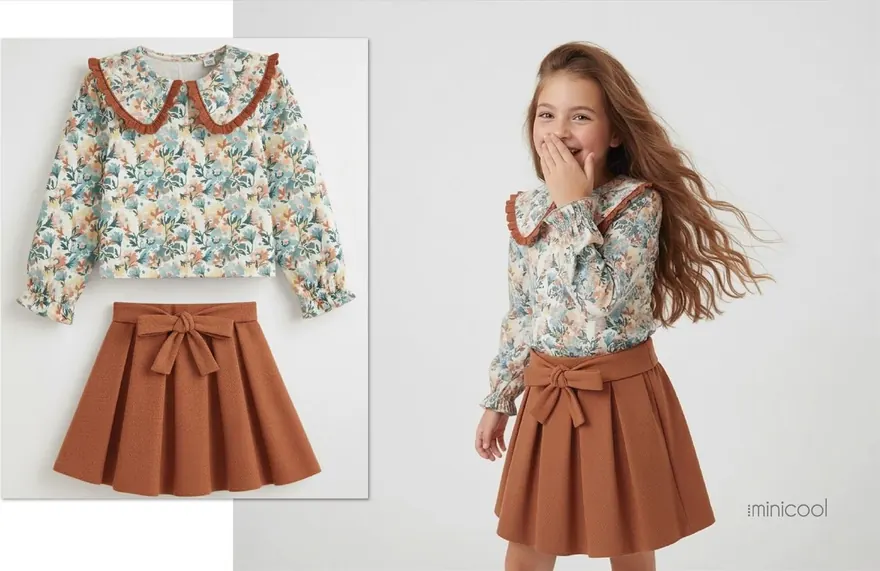 Blusa de flores con cuello redondo a contraste y falda terracota con lazo, colección Forest Keepers