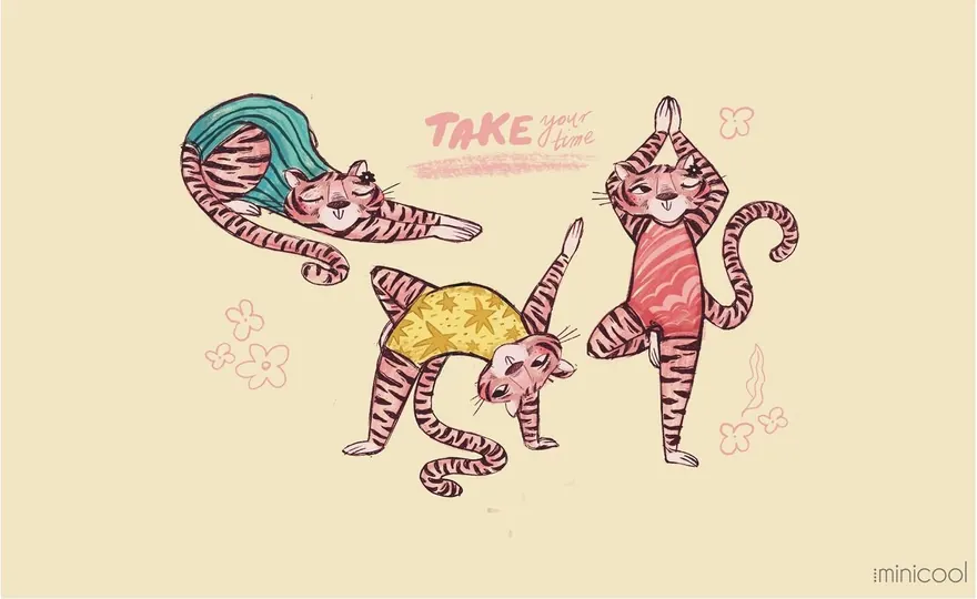 Ilustración de tigres rosas con el lema «Take your time» sobre fondo crema