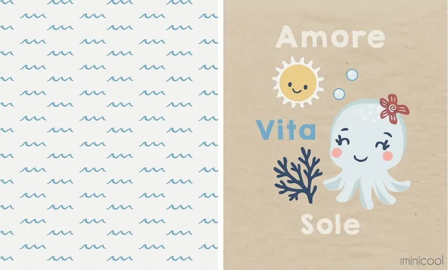 Estampado de olas azules junto a una lámina con un pulpo y el lema «Amore Vita Sole»