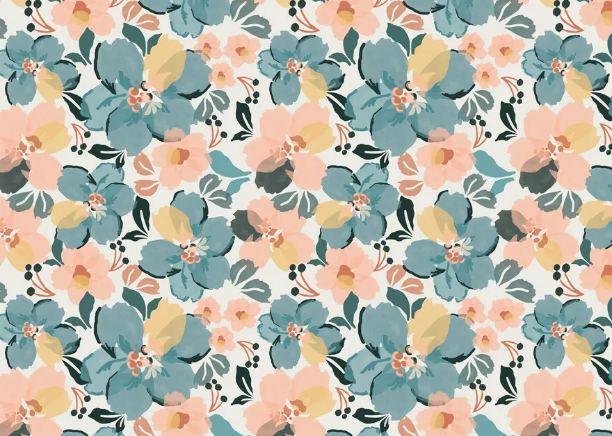 Estampado floral denso en verde azulado, melocotón y mostaza
