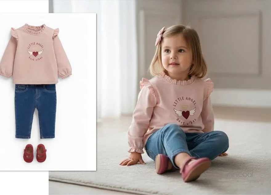 Sudadera rosa con volantes y corazón «Little Angel» con vaqueros, y una niña con el conjunto