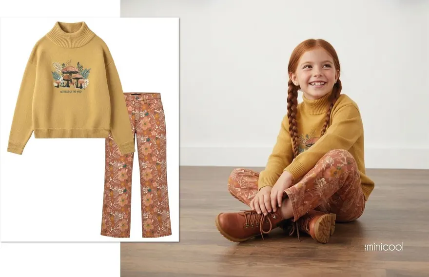 Jersey de punto mostaza y pantalón de pana floral, y una niña con ese mismo conjunto