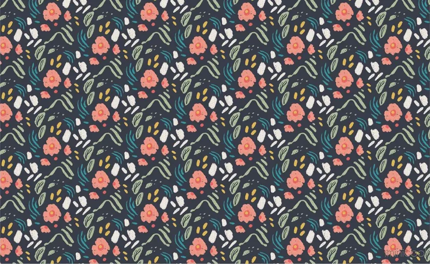 Estampado floral en coral, verde y crudo sobre fondo azul noche